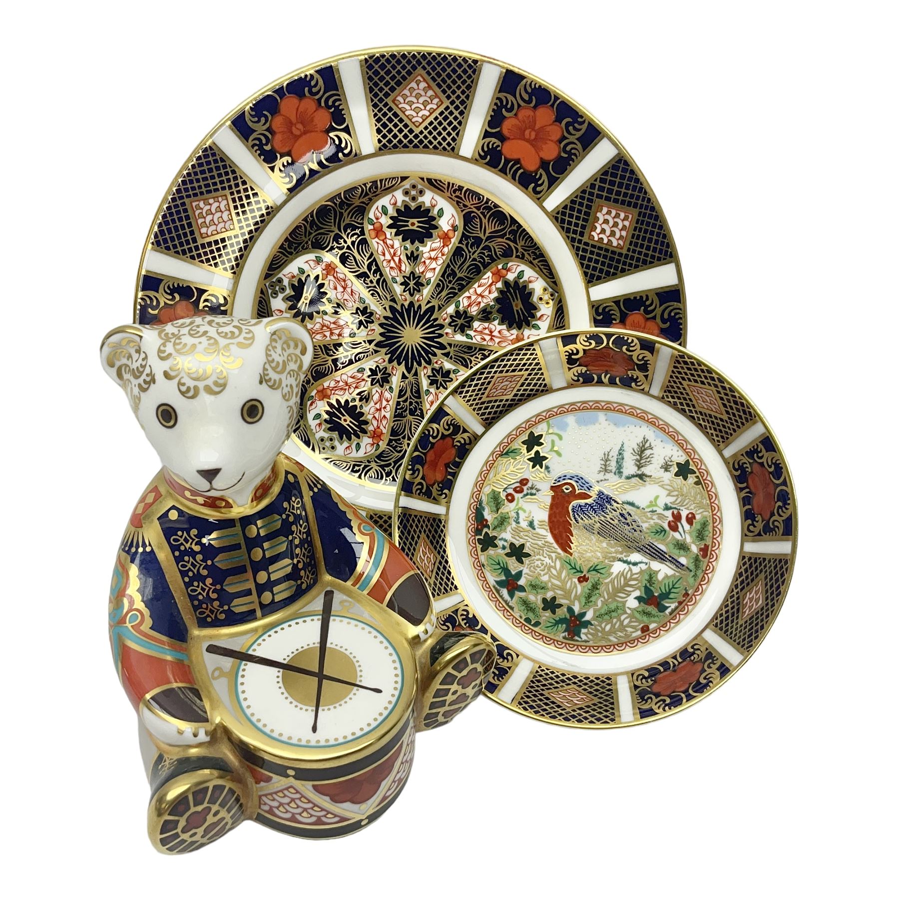 Royal Crown Derby paperweight Drummer Teddy with gold stopper, together with pattern 1128 Imari side plate and Old Imari Christmas Robin pin dish