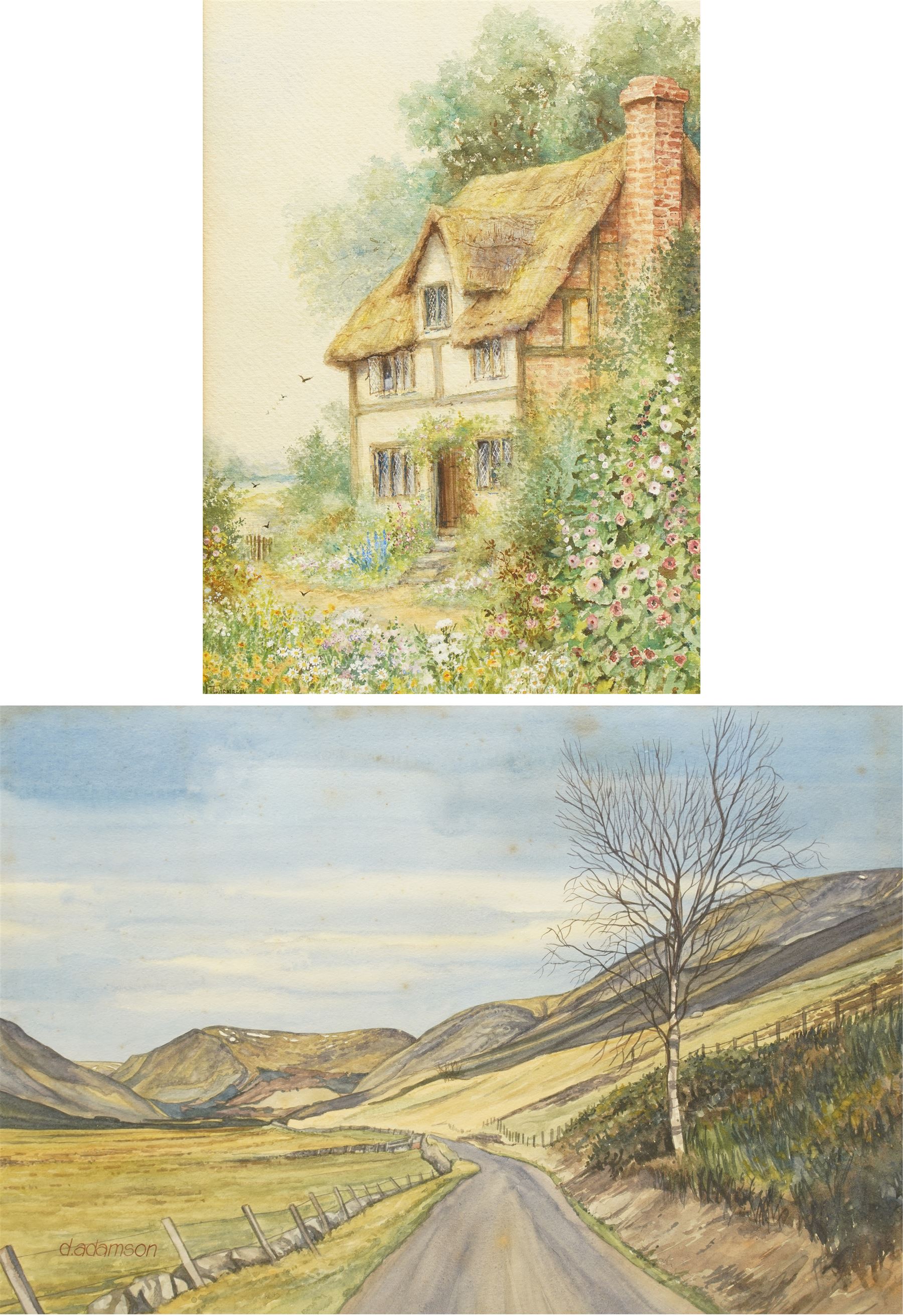 Douglas R Adamson (Scottish 20th Century): 'Glen Cova in Spring', watercolour signed, titled verso 33cm x 49cm; L Thornbery (British 19th/20th Century): Cottage in Spring, watercolour signed 35cm x 25cm (2)