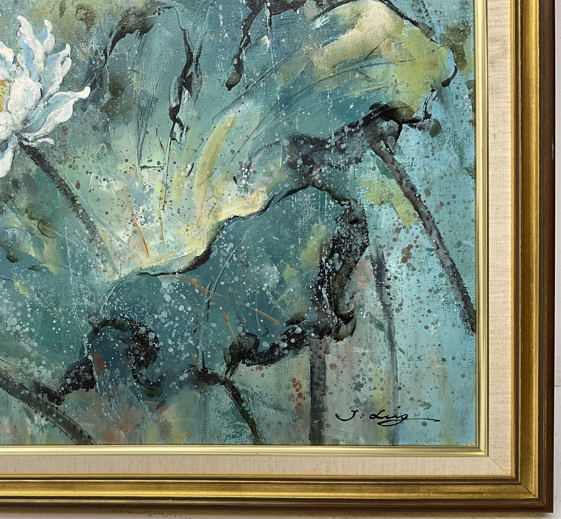 English School (20th century): Abstract Floral Composition in Aqua, oil on canvas indistinctly signed 60cm x 90cm