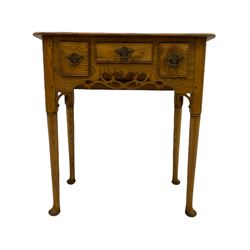 Georgian style burr elm lowboy, mahogany banded top, fitted with three drawers, fretwork frieze