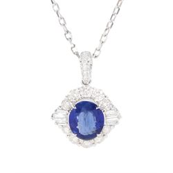 18ct white gold oval cut sapphire, round tapered baguette cut diamond cluster pendant neck...