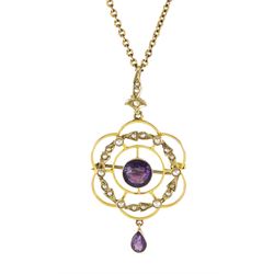 Early 20th century gold amethyst and seed pearl pendant / brooch, stamped 9K, on later 9ct...