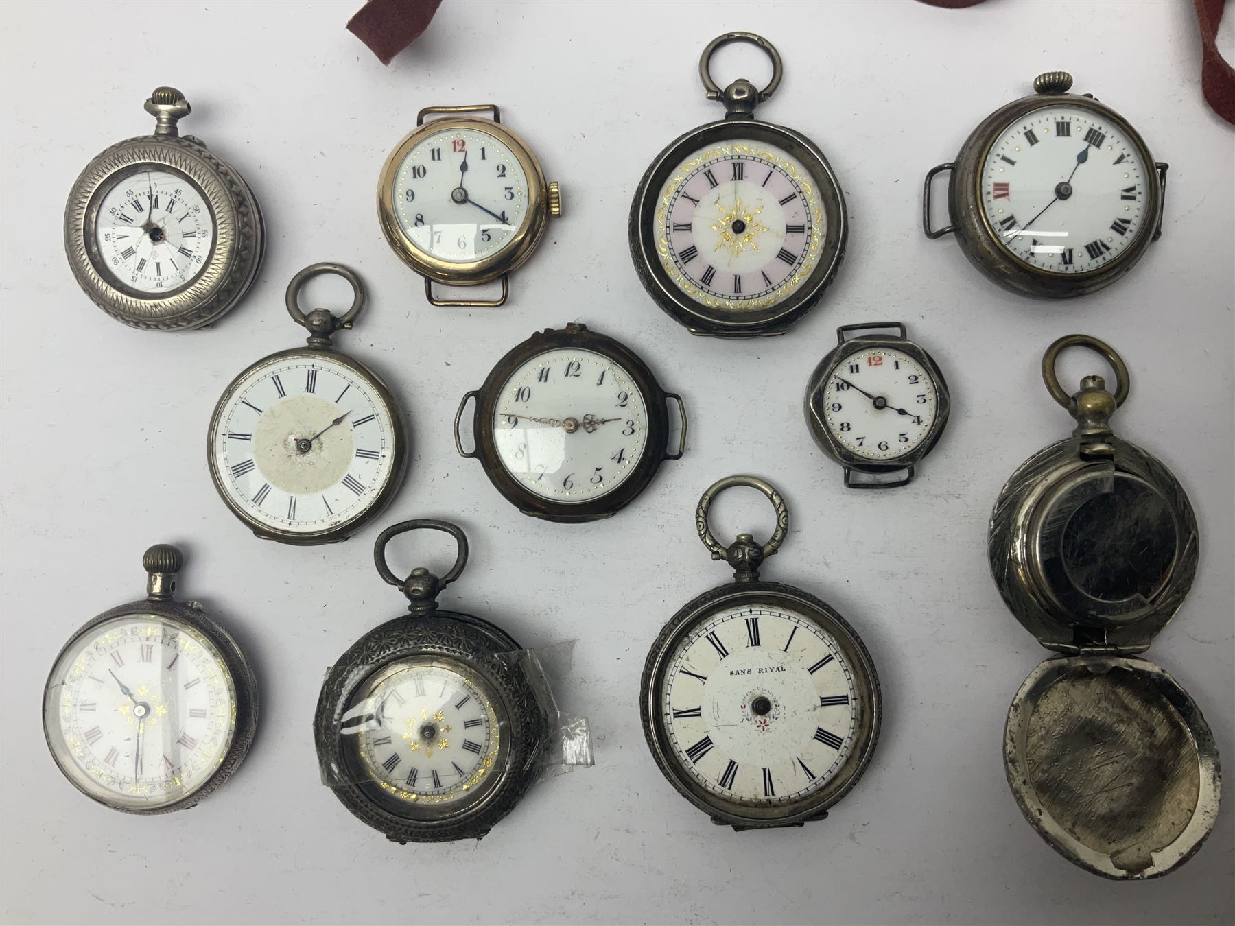 Collection of silver fob watches and wristwatches, some examples with enamel dials, together with silver plated examples 