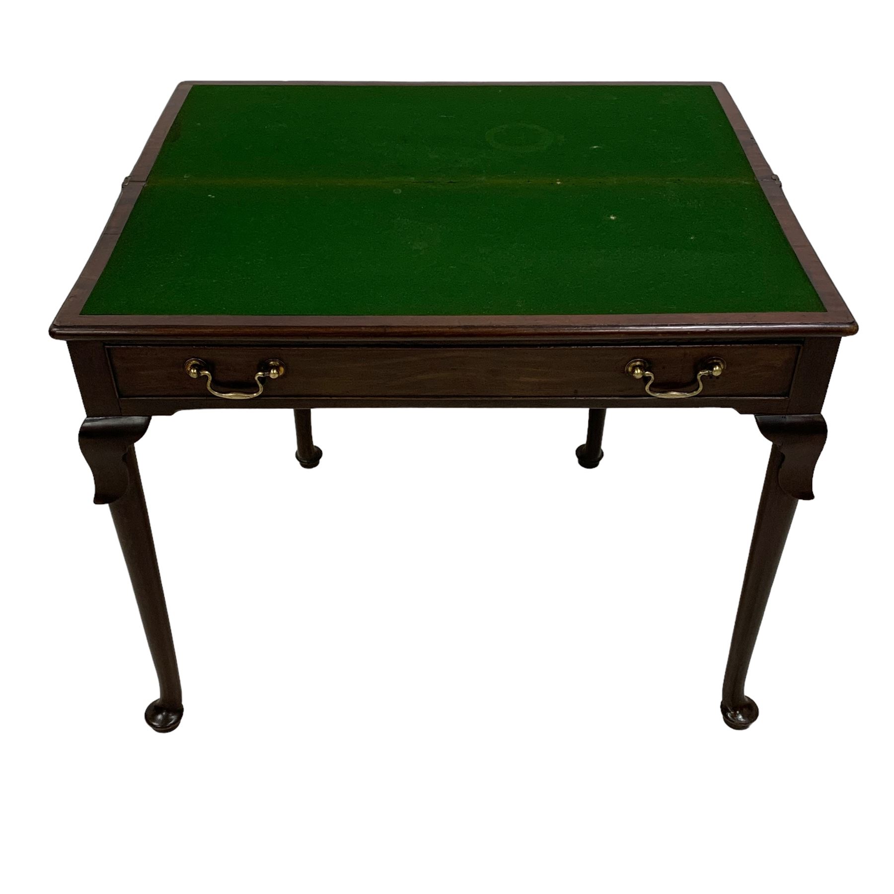 George III mahogany card table, moulded rectangular fold-over top revealing baize lined interior, single cocked-beaded frieze drawer with brass swan neck handles, on lappet carved cabriole supports, double gate-leg action base 