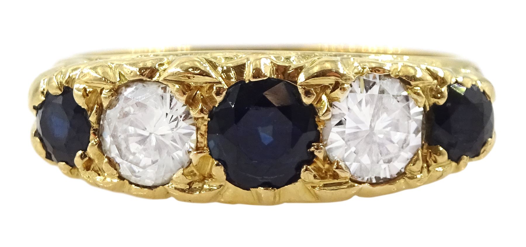 18ct gold five stone round brilliant cut diamond and sapphire ring, stamped, total diamond weight approx 0.50 carat