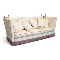 Grande Knole four-seat sofa, upholstered in geometric lozenge pattern cream fabric with bu...