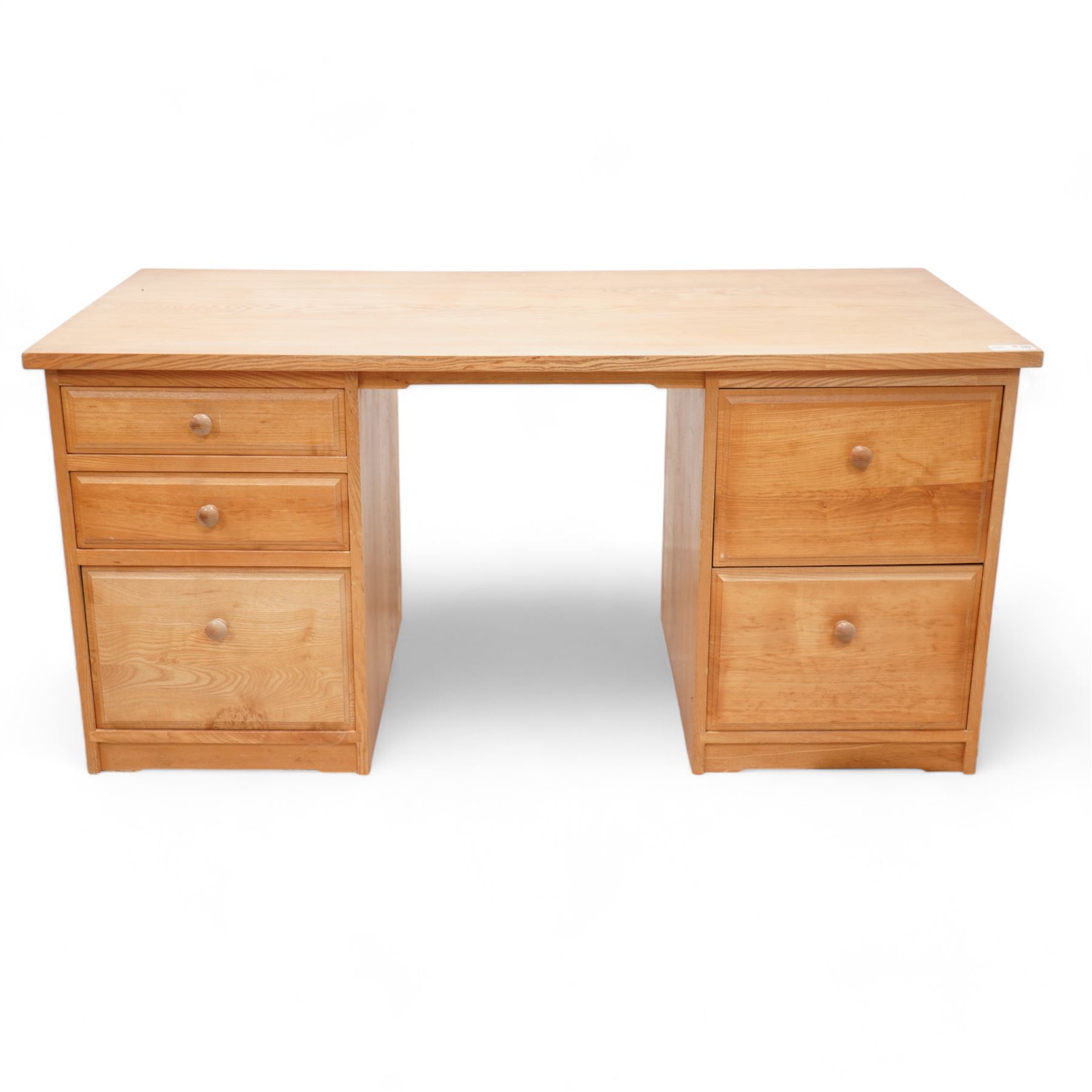 Treske - light ash twin pedestal desk, rectangular top over five drawers 