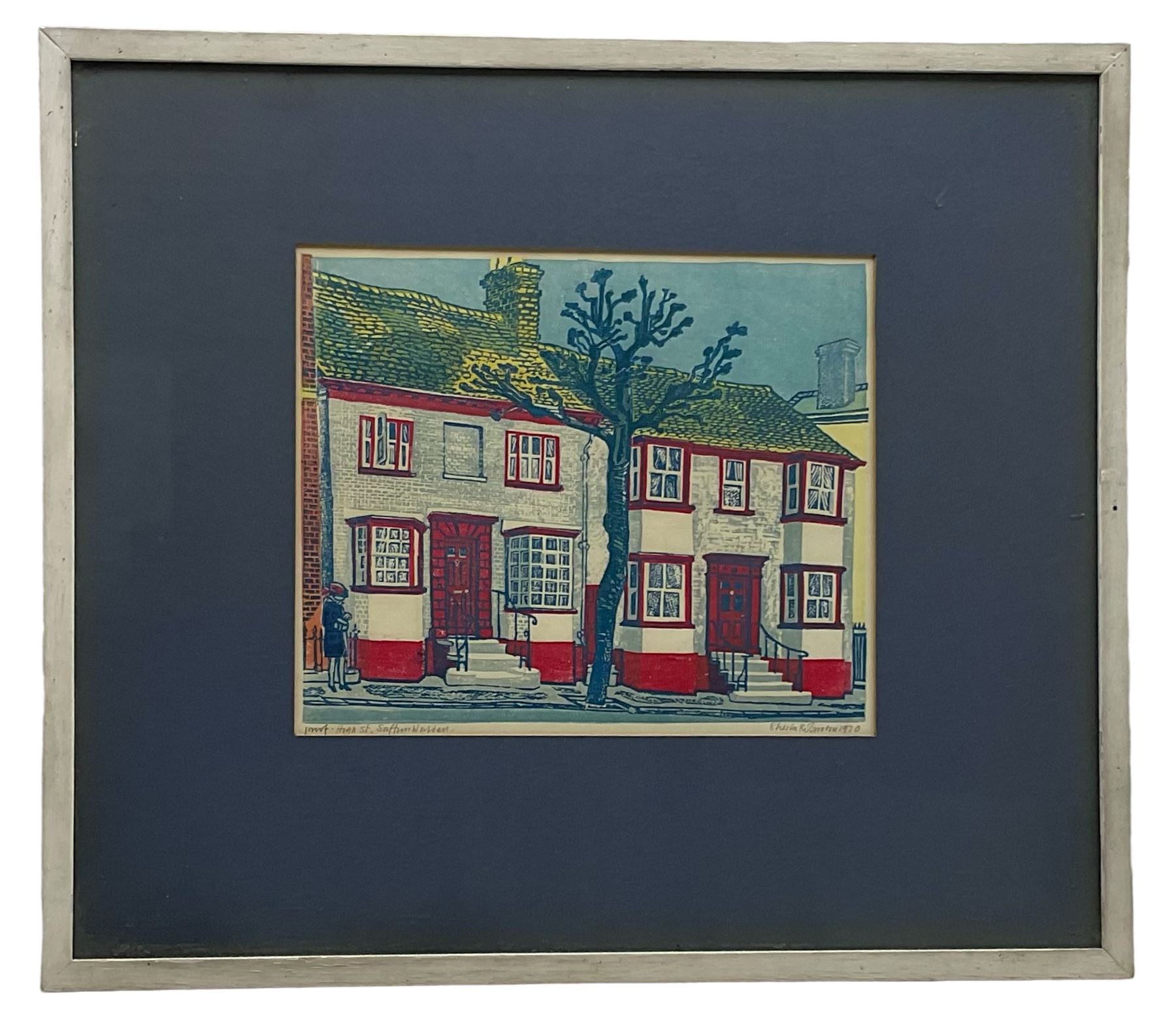 Sheila Robinson (1925-1988): 'Saffron Walden High Street' Essex, artists proof linocut signed, titled and dated 1970, 19.5cm x 24cm 