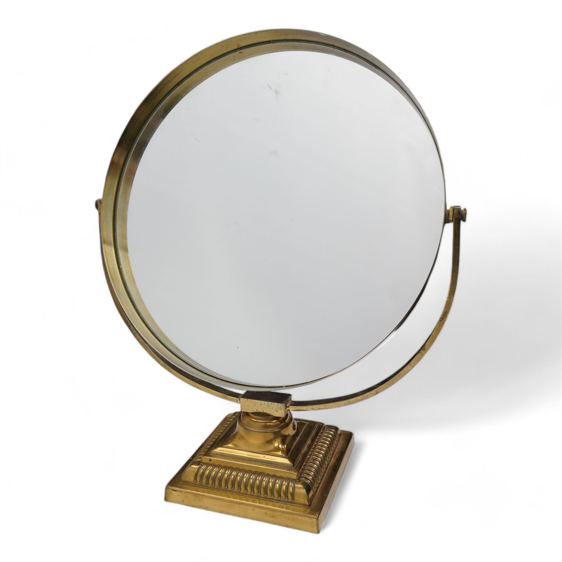 1920's circular brass swing mirror on square base, H48cm 