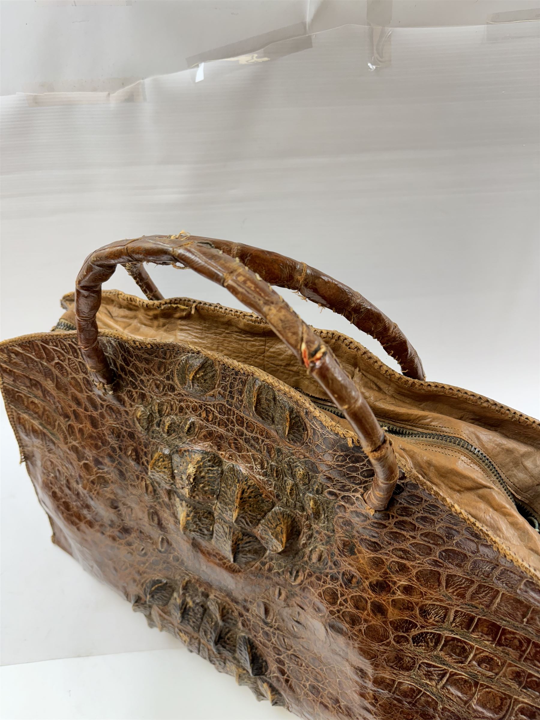 Large twin handled crocodile skin bag, with zippable compartment, H39cm 