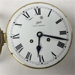 German Schatz Royal Mariner bulkhead ships clock, with an eight-day two-train platform seven-jewel movement, striking the ship's watch on a bell, with bells on/off facility and platform regulation on the 5 inch painted dial, with roman numerals and minute track, in brass case, case D16cm