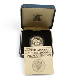 Eight The Royal Mint United Kingdom silver proof coins, comprising 1980 '80th Birthday' crown, 1981 'His Royal Highness The Prince Of Wales And Lady Diana Spencer' crown, 1984, 1985, 1986 and 1987 one pounds, all cased with certificates and a 1977 crown cased no certificate (8)