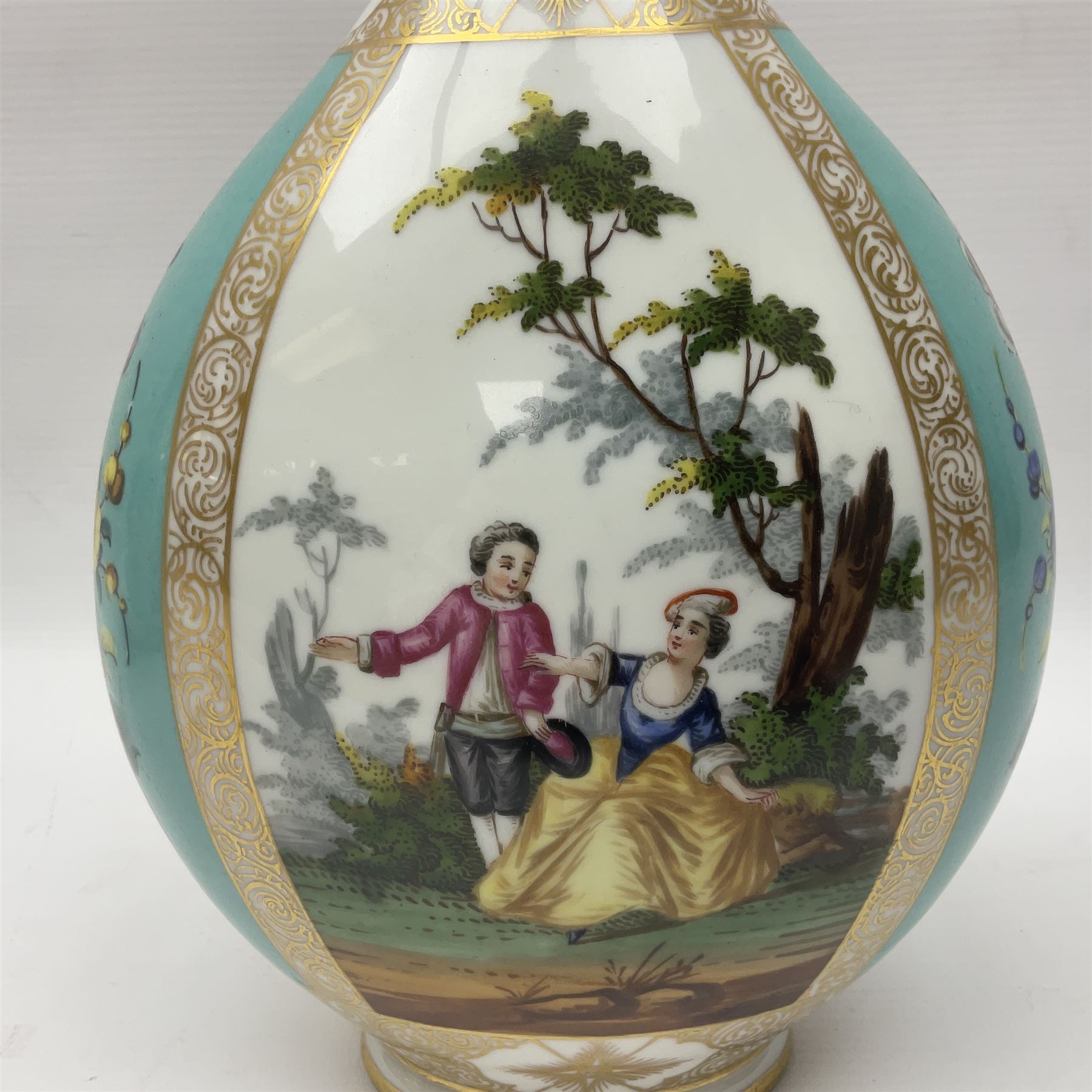 Pair of late 19th century Helena Wolfsohn vases and covers, each of compressed bottle form with tall neck, painted with alternating panels of romantic scenes and floral sprays upon turquoise ground between gilt borders, with Augustus Rex mark to base, H35cm