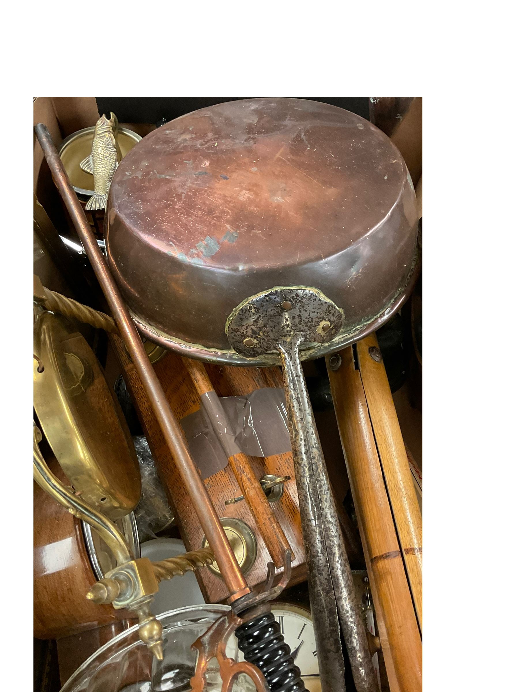 Large collection of metalware, including copper jugs, copper pan etc, in two boxes  