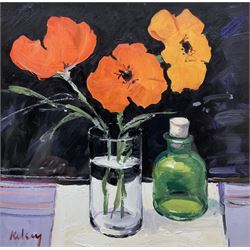 Robert Kelsey (Scottish 1949-): 'Poppies in a Glass', oil on canvas signed, titled verso 28cm x 28cm 
Provenance: with Walker Galleries Harrogate, labels verso 