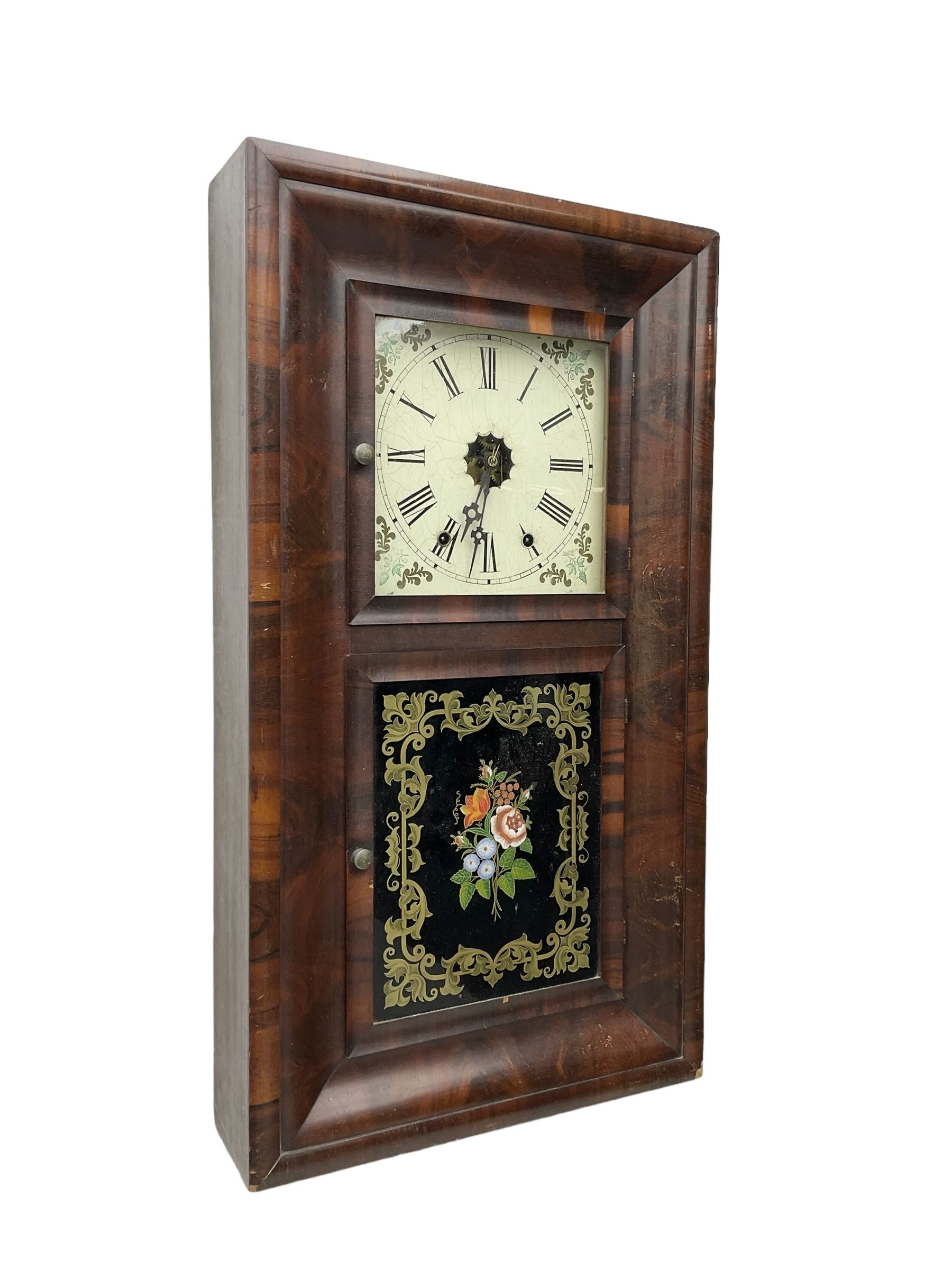 American - 19th century mahogany veneered 8-day ogee shelf clock, rectangular case with two glazed doors to the front, decorative glass tablet to the lower door with a depiction of flowers on a black background with a gold border, painted dial with Roman numerals, minute track, floral spandrels and Maltese cross steel hands, two train weight driven movement, striking the hours on a coiled gong. With the original Jerome trade label pasted on the inner back board of the case.