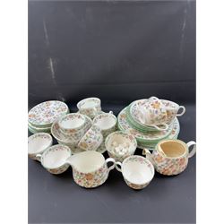 Minton Haddon Hall pattern part tea service, including milk jug, open sucrier, teacups and saucers, dessert plates etc