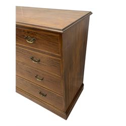 Late Victorian mahogany chest, moulded rectangular top over two short and three long graduating drawers, the drawer fronts inlaid with satinwood bands, boxwood and ebony stringing, on moulded plinth base 