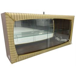 Mid-20th century teak wall hanging display cabinet, enclosed by two sliding glass doors