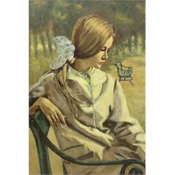 WJ Sargent (20th century): Lady at a Park Bench, oil on board signed 44cm x 30cm