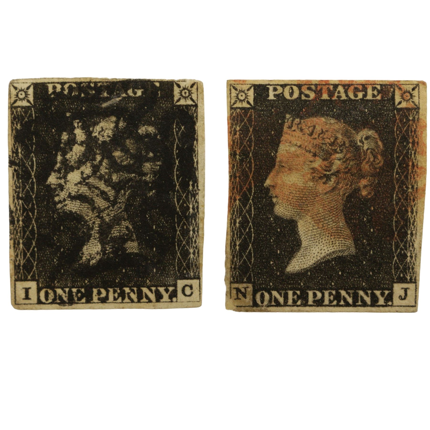 Two Queen Victoria penny black stamps, on with black and one with red MX cancels 