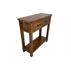 Hardwood side or hall table, rectangular top over two drawers, on square supports joined by undertier 