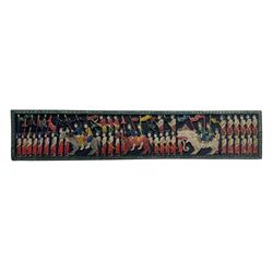 Rectangular relief carved and painted wall hanging panel, depicting ceremonial procession with soldiers and flag bearers on horses and elephants