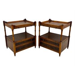 Wade - pair of Georgian design yew wood bedside or lamp tables, each with raised tray top over single shelf, the lower section fitted with two drawers with brass ring handles, raised on turned supports