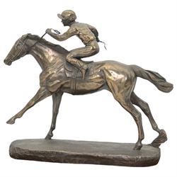 'The Ballyogan Stakes, Leopardstown 2005' Bronze resin model by David Geenty of a racehorse with jockey up on wooden base 26cm x 33cm 