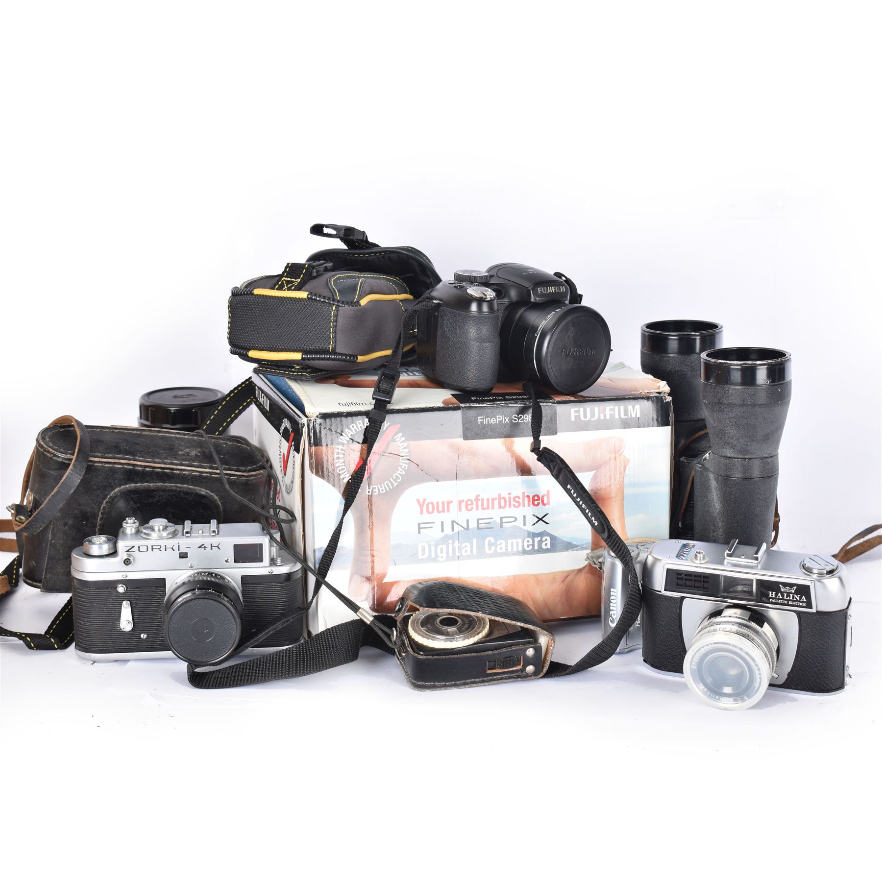 Collection of cameras, including Fujifilm Finepix S2980, boxed, Canon Powershot A540, Zorki 4K, etc together with a pair of Lieberman & Gortz binoculars