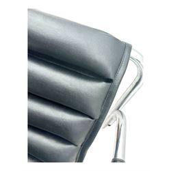 Baroumand Designs - pair of mid 20th century modernist armchairs, slung black leather seat with horizontal channel tufting, tubular chrome frame with curved arms, raised on tubular supports