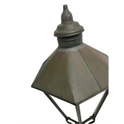 Victorian design six glass lantern, hexagonal tapered from with finial, scrolled lower supports on bracket