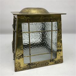 Arts & Crafts style brass porchlight/lantern shade, of square tapering form, with four mottled glass panels, H17cm