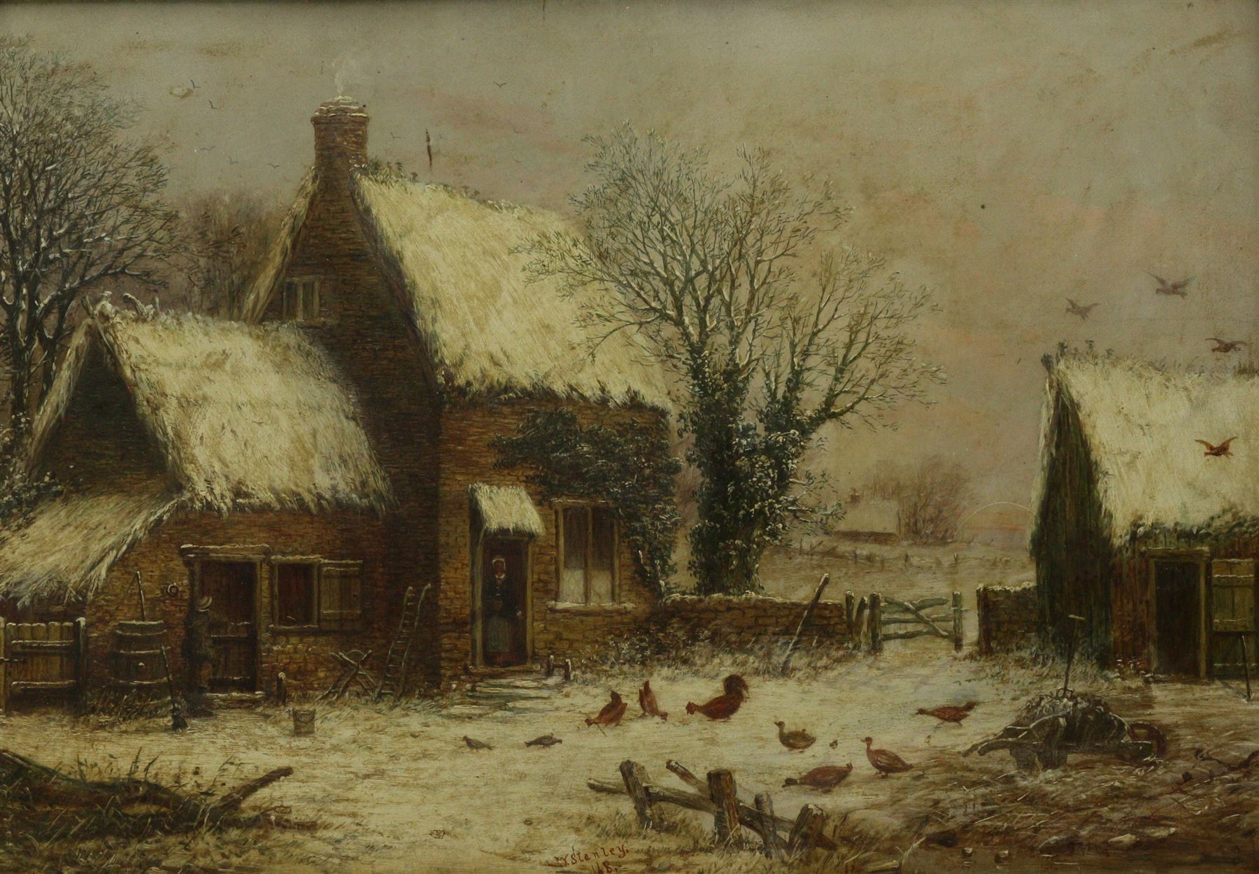 W Stanley (British 18th/19th Century): Chickens Feeding by a Cottage in Winter, oil on board signed 29cm x 41cm