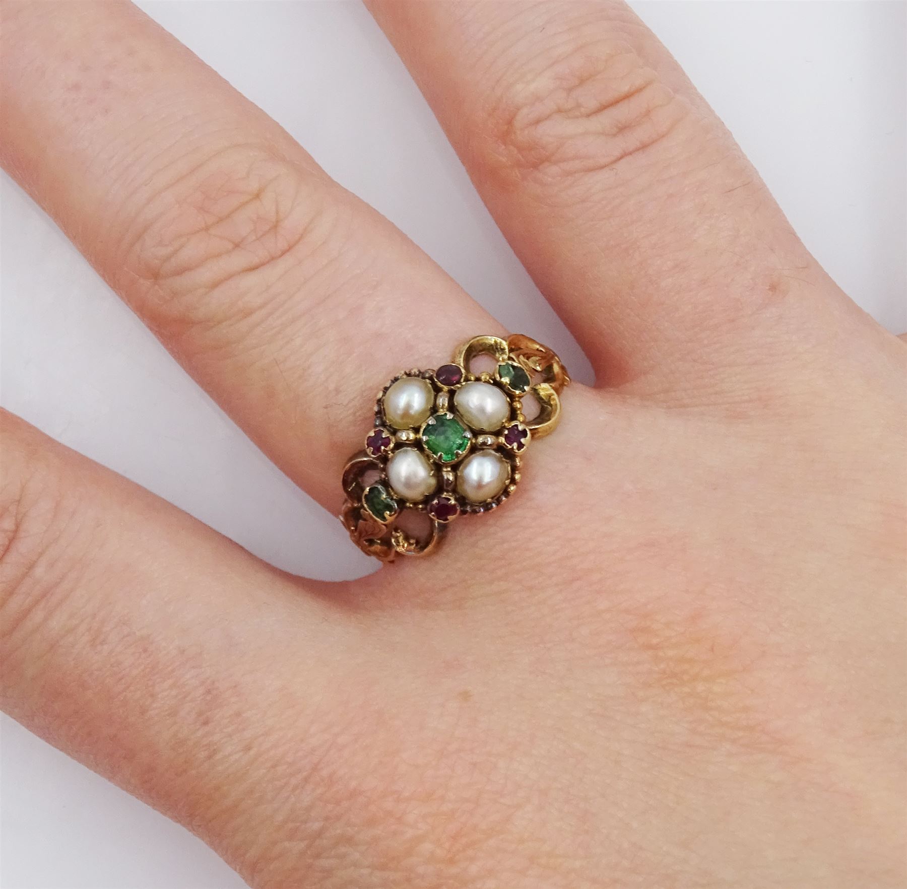 Victorian 15ct gold split pearl, green and red stone set flower head cluster ring, the underside with plaited hairwork, openwork design shoulders and engraved foliate band, the inner band inscribed W.H. To J.B. 1848