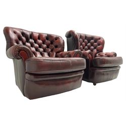 Wade - pair of Georgian design armchairs, high curved back and scrolled arms upholstered in deep buttoned oxblood 'Pegasus' leather, on castors