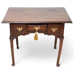 18th century country oak low-boy, rectangular top with moulded edge, fitted with three cross-banded drawers with brass handle plates, shaped apron on cabriole supports with pad feet