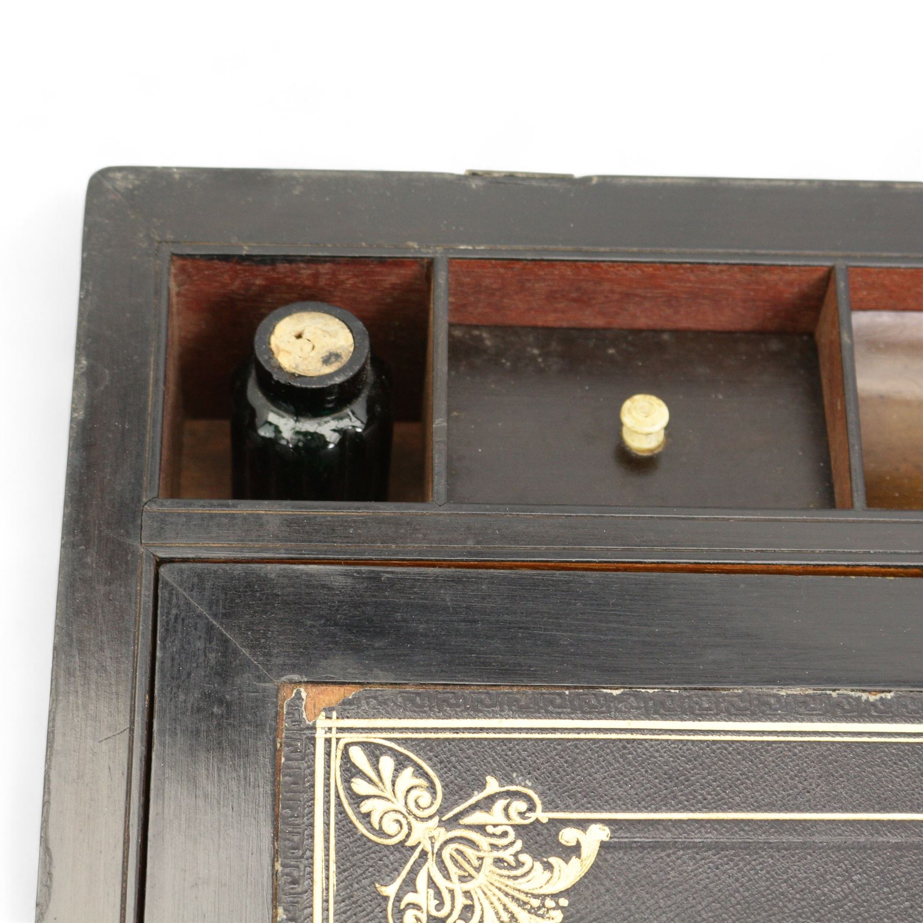 19th figured walnut and brass bound writing slope, the hinged cover opening to reveal a tooled black leather writing surface, pen tray and various compartments, L50cm x H18.5cm