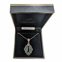 Silver marcasite and green stone pendant necklace, stamped 925, boxed