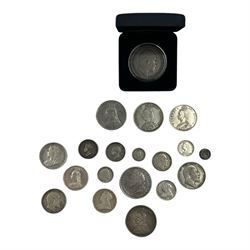 Approximately 225 grams of Great British pre 1920 silver coins, including George IIII 1821 crown, 1826 shilling, three Queen Victoria double florins dated 1887, 1889, 1890, King Edward VII 1902 crown, 1907 halfcrown, 1910 standing Britannia florin,  etc