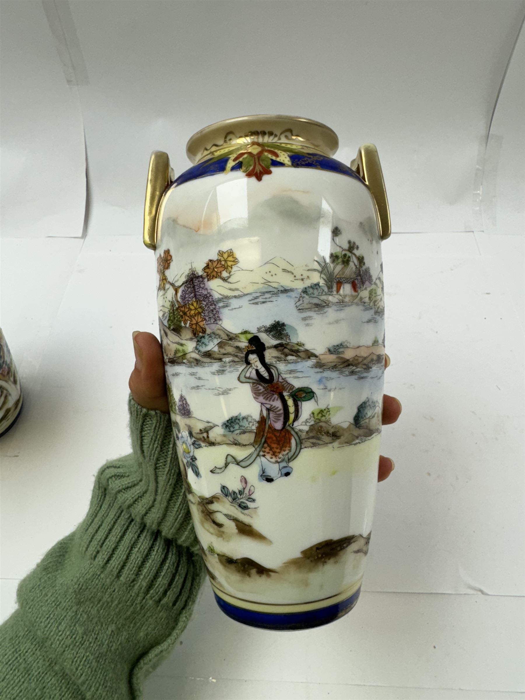 Pair of Noritake Chinoiserie pattern vases, together with two other Noritake vases, H21cm