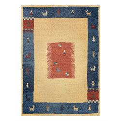 Contemporary 'Royal Garden' wool pile rug, central cream field with a smaller red rectangu...