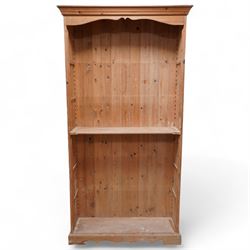 20th century rustic pine tall open bookcase, projecting cornice over shaped frieze