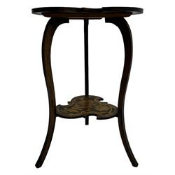 Late Victorian stained beech side table, trefoil clover-shaped top with floral pokerwork decoration, supported by curved fluted legs and united by undertier 