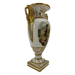 Early 19th century Derby vase, of campana urn form, decorated to one side with a hand painted reserve of a basket of flowers, within a scroll gilt border and twin serpent form handles, H20.5cm together with a Bloor Derby vase, hand painted with figures in a wooded landscape, with twin gilt swan form handles, upon a square pedestal foot, H25cm (2)