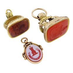 Victorian 15ct gold swivel fob, the agate intaglio depicting a crescent moon above a castl...