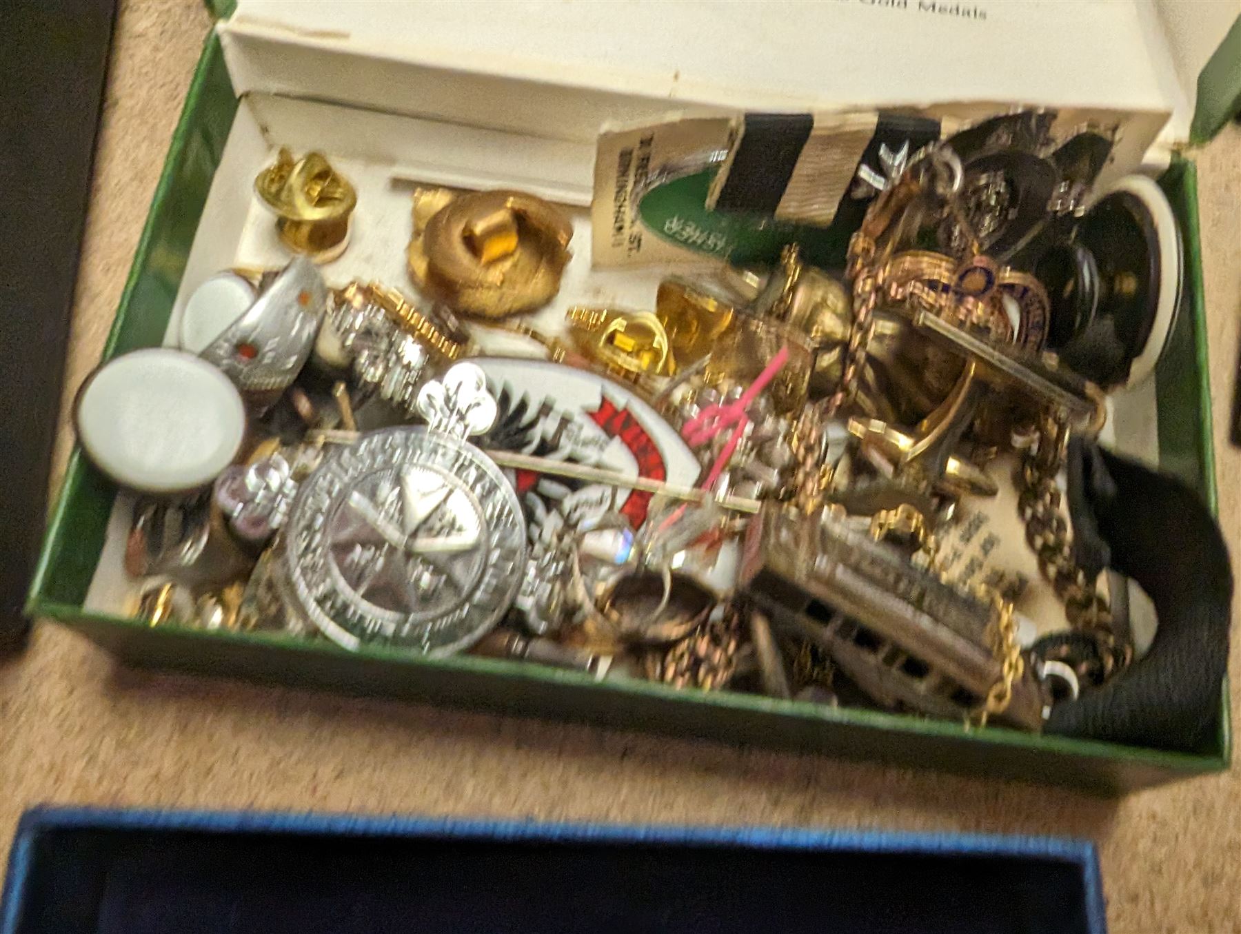 Collection of costume jewellery, including gold plated curb link bracelet, pin badges, charms, rings and jewellery boxes, together with an Edwin Blyde pewter hip flask etc 