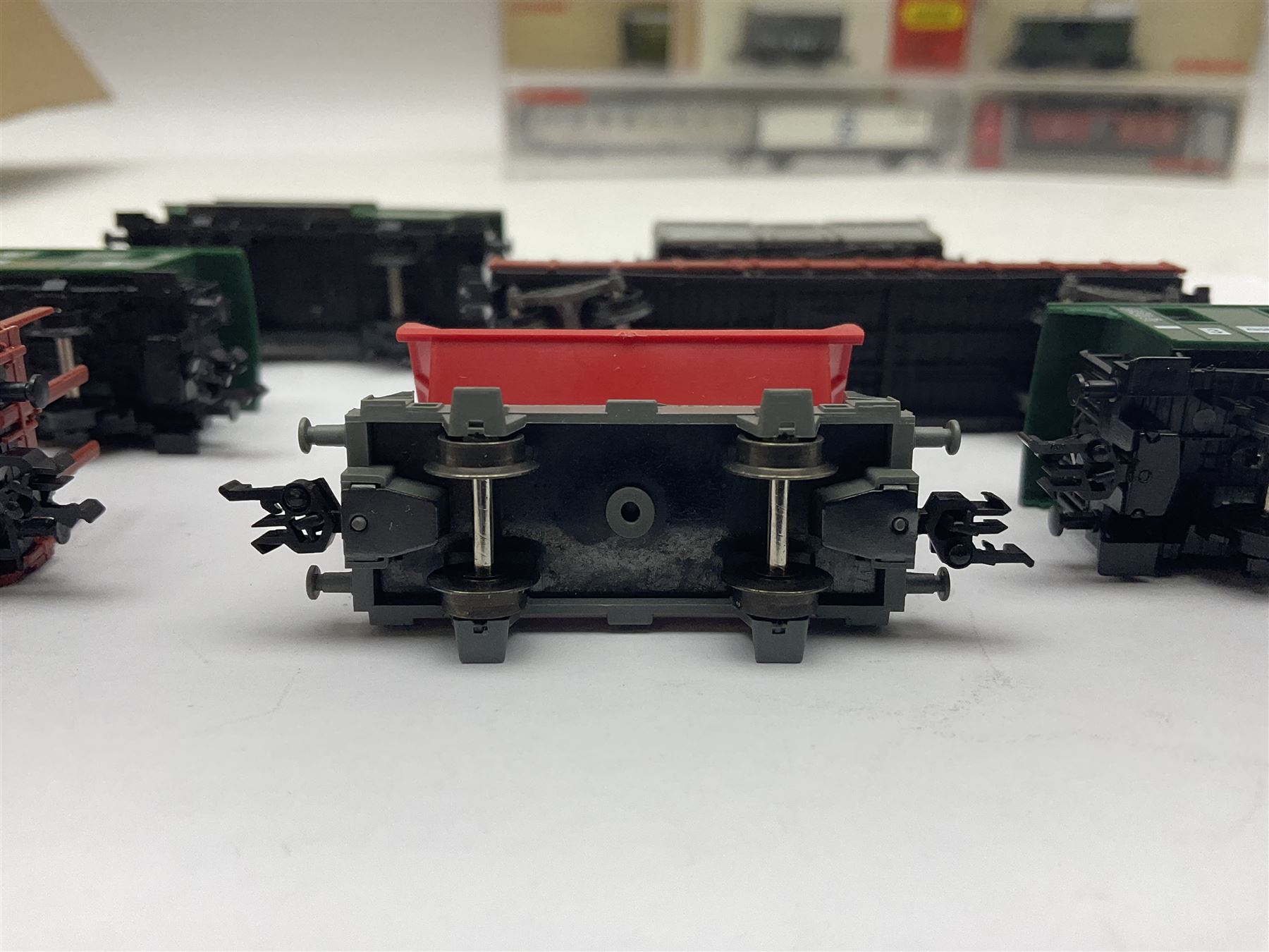 Fleischmann ‘N’ gauge ‘Piccolo’ - sixteen carriages, wagons and cars comprising nos. 8051, 8052, 8055, 8064, 8119K, 8127, 8128, 8129, 8202, 8211, 8224, 8240, 8281, 8301, 8500, 9372; along with Minitrix N503 Shock Van and 13576 6 ton Mineral Wagon; boxed and loose (18) 