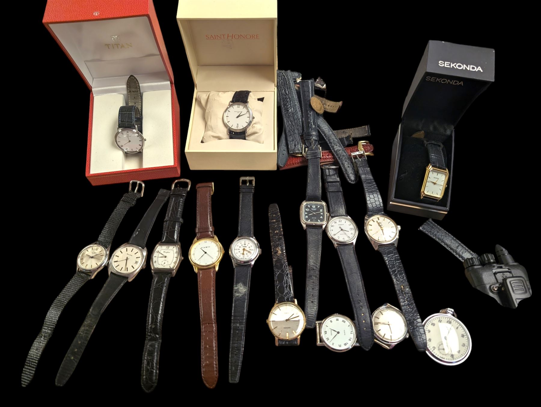 Collection of manual wristwatches including Tissot Seastar, Mappin automatic, HY. Moser braille Waterford silver quartz, Bulova, Tissot quartz, Technos, Sekonda, Avia etc, silver Victorian coin, watch straps etc 