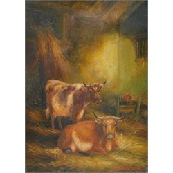 A Jackson (British Early 20th century): Two Horned Cows in a Barn, oil on board signed 26cm x 19cm